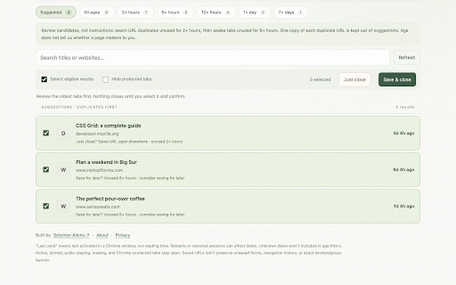 Tab Shelf :: Review stale tabs, save them before closing, and restore them when needed. Local only.