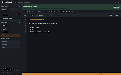 Draftstead – Offline Code Editor :: Edit code and text offline with tabs, syntax highlighting, and crash-safe local workspace recovery.