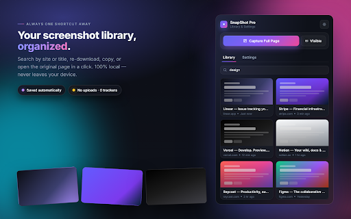 SnapShot Pro — Full Page Screenshot Capture :: Capture stunning full-page, scrolling, and visible-area website screenshots in HD. Fast, reliable, and beautifully designed.