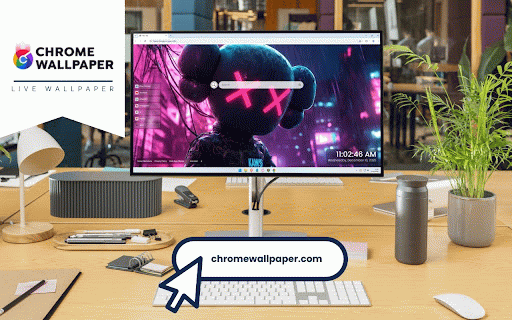 KAWS Live Wallpaper :: Iconic KAWS companion character with glowing X eyes in cyberpunk neon cityscape.