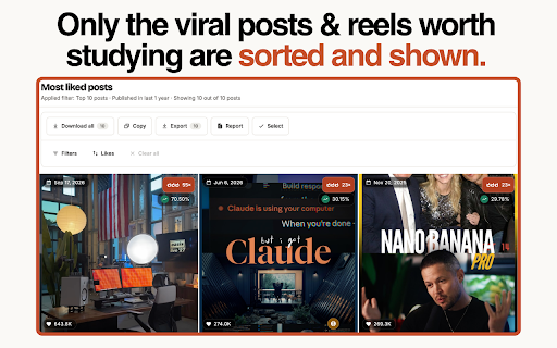 SortLens: Sort Instagram & TikTok | Content & Competitor Research :: Sort Instagram, TikTok and Facebook Reels. Analyze viral content, download media, and export content & competitor research data.