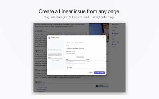 Linear Screenshot :: Capture any area of a webpage and send it to Linear as a new issue or attachment
