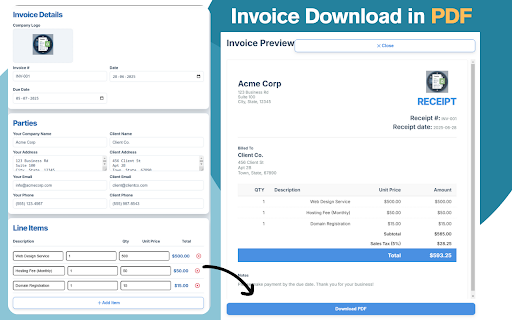 Invoice Generator for Chrome™ :: Create professional invoices instantly with multiple templates, PDF export, and smart calculations. No signup required!
