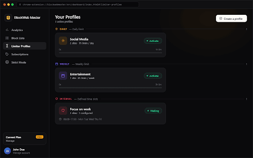 BlockWeb Master :: Block distracting websites, set time limits on social media, and stay focused with an unbreakable Strict Mode.