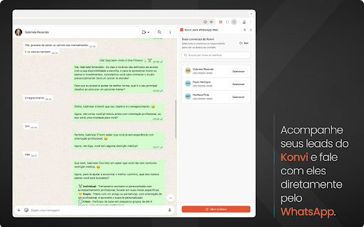 Konvi para WhatsApp Web :: Integre o WhatsApp Web ao Konvi: gerencie leads, conversas e respostas automáticas direto da aba do WhatsApp.
