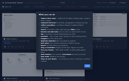Screenshot Stash — Multi Screenshot & Full Page Capture :: Take multiple screenshots into a private local library: full page, visible tab or region. Annotate, copy, download or bulk-delete.