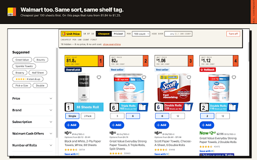 Sort by unit price for Amazon & Walmart :: Sorts Amazon and Walmart search results by what things really cost per ounce, pound, sheet or count. Cheapest first.