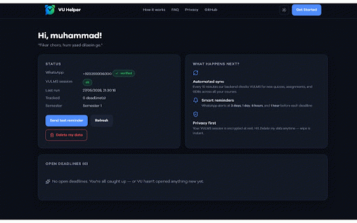 VU Helper :: WhatsApp reminders before every Virtual University quiz, assignment, and GDB. Free, runs in the cloud, no laptop needed.