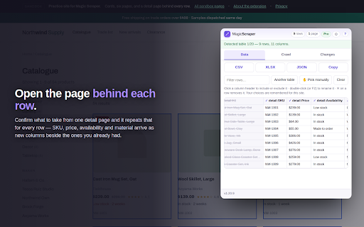 Magic Scraper :: Extract data from any web page into CSV or XLSX. Auto-detects tables and lists, crawls pagination and infinite scroll.