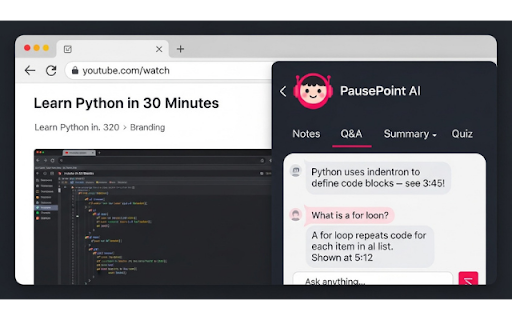 PausePoint AI :: Ask AI questions about any YouTube video using transcript context, visual context, live audio, and cloud-synced session storage.