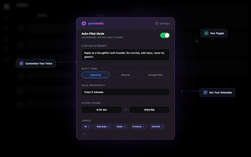 postmatic - AI Replies for X :: AI auto-engagement for X.com. Monitors your feed, generates contextual replies, and posts them with your approval.