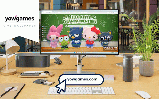 Hello Kitty Island Adventure Live Wallpaper :: Hello Kitty and Sanrio friends in school uniforms against green chalkboard backdrop with educational doodles.