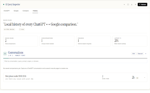 AI Query Inspector :: Compare what ChatGPT cites against Google, Bing, or DuckDuckGo rankings — locally, on-device, with zero data leaving your browser.