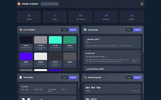 Design Analyzer - Extract Design Elements :: Extract colors, fonts, spacing, shadows & effects from any website. Export to CSS, JSON, Figma, Sketch. One-click design analysis.