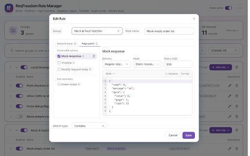 ReqFreedom :: Request debugging: block, redirect, inject params, modify headers, mock responses, throttle, modify body, insert script