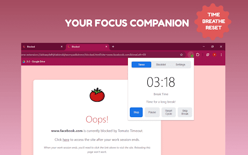 Tomato Timeout: PomoFocus™ :: Boost focus with pomodoro method timer & block distracting sites during work. Unblock during breaks. Customizable