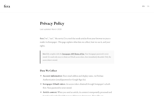 Fera :: Send articles to your e-reader via Instapaper