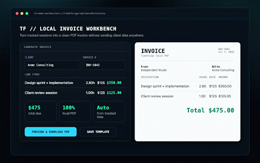 TimeForge - Auto Time Tracker + Invoices :: Auto-track billable time, review local sessions, and create PDF invoices. Free for 2 clients; Lifetime unlocks more.