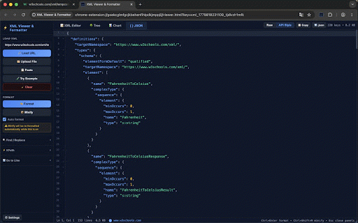 XML Viewer & Formatter :: Auto-detect XML, WSDL & SOAP in browser. Format, minify, tree view, XPath and JSON conversion. Supports RSS, Atom, SVG and XSD.