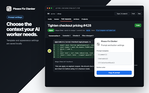 Please Fix Clanker :: Copy GitHub PR comments as clean AI worker prompts.