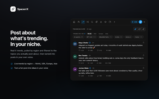 SpacerrX: X & Twitter Unfollowers, AI Replies, Post Scheduler, Trends :: See who doesn't follow you back on X (Twitter). Free. AI replies in your voice, trends, creator analysis, scheduler, autopilot.