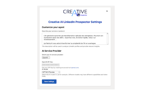 Creative AI LinkedIn Prospector :: Creative AI LinkedIn Prospector est une extension innovante qui utilise l'IA pour analyser les profils LinkedIn de vos prospects.