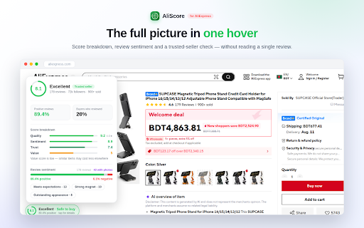 AliScore: Online Shopping Assistant for AliExpress :: Smart AliExpress shopping assistant to check seller trust, analyze reviews, and track product ratings in 1-click.