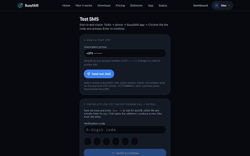 BusySMS OTP Autofill :: Automatically fill website OTP / verification code fields using codes from your BusySMS phones, then press Enter to continue.