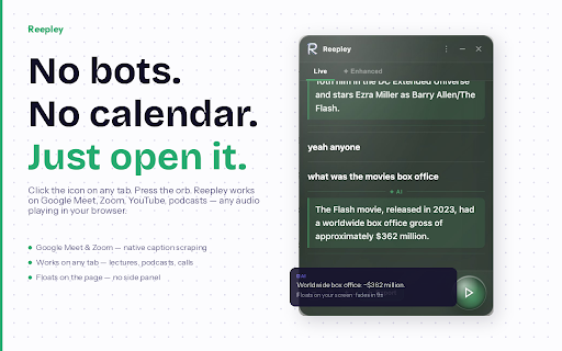 Reepley: AI note taker for Google Meet, Zoom and MS Teams :: The AI that sits in the room with you; live transcription, real-time AI answers, structured notes, and memory across sessions.