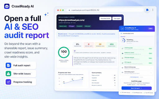 CrawlReady AI — AI Crawler & SEO Checker :: Scan any page for AI crawler access, CrawlReady Score, and SEO issues. Free quick audit — full report on crawlreadyai.com.