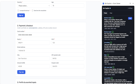 AI assisted Form Tester - QA Copilot :: QA copilot for manual testing. Scan forms, get test-case suggestions, one-click fill, and AI chat — using your own API key.