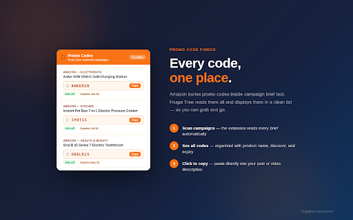Frugal Tree for Creators :: For Amazon influencers & associates: know if a product is worth filming, find Creator Connections campaigns, track earnings.