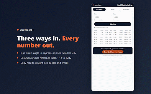 QuoteCore+ Roof Pitch Calculator :: Instant roof pitch, angle, slope and rafter calculations for roofers. Converts rise/run, degrees and pitch ratios. By QuoteCore+.