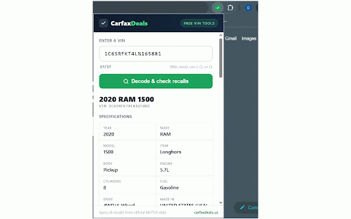 Free VIN Decoder & Recall Checker — CarfaxDeals :: Decode any VIN and check open safety recalls free, right in your browser. Detects VINs on car listings automatically.
