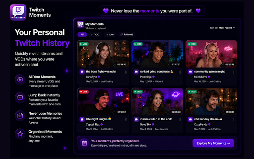 Twitch Moments: Save Twitch Chat History, VOD Sync & Shareable Stream Cards :: Save Twitch chat history forever. Sync live messages to VODs, create shareable moment cards, and relive your favorite streams.