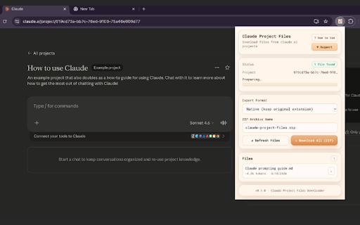 Claude Project Downloader :: Download Claude project files individually or as a ZIP archive, in native format or Markdown.