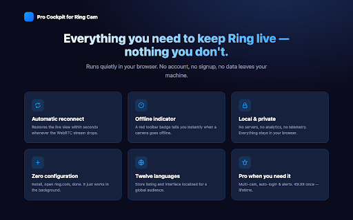 Pro Cockpit for Ring Cam :: Keeps your Ring camera live view online with automatic reconnect. Local, private, no tracking.