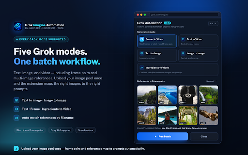 Batch Prompts & Auto Downloader for Grok Imagine — Grok Automation Tool :: Grok automation for Grok Imagine — batch prompts, bulk auto-download AI images & videos. Queue, auto retry, folders. Unofficial.