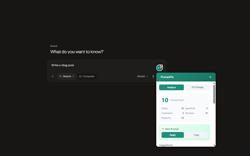 PromptFix: Prompt Score & Enhancer for ChatGPT, Claude, Gemini, Perplexity :: Score any prompt 0-100 before you send it, see what's weak, and fix it in one click. In ChatGPT, Claude, Gemini and Perplexity.