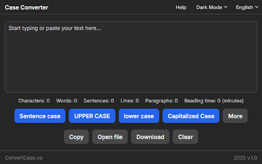 Case Converter :: Easily switch your text between formats like UPPERCASE, lowercase, Capitalized Case, camelCase, and more — all in one click.