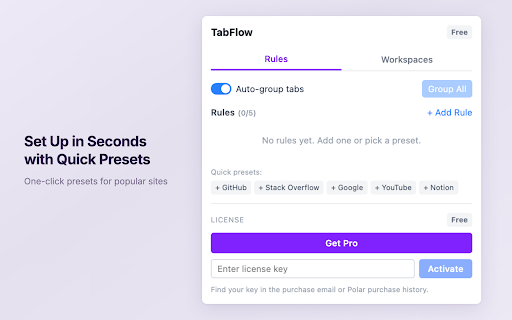 TabFlow - Tab Group Workspace Manager :: Auto-group tabs by domain rules and save/restore workspaces in one click. Native Tab Groups, zero learning curve.