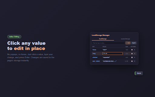 LocalStorage Manager :: View, edit, search, and export localStorage and sessionStorage entries for any page.