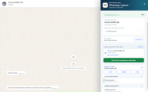 GW WhatsApp Capture :: Captura selectiva de conversaciones de WhatsApp Web y registro en Zoho CRM.