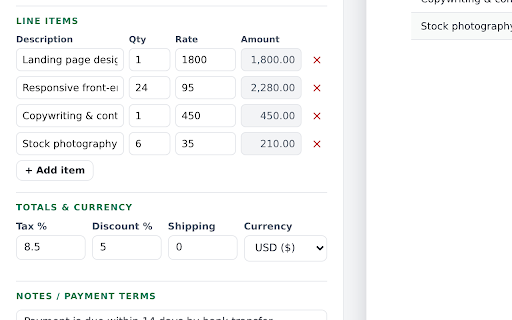 Invoice Generator - PDF Invoice Maker for Freelancers :: Create and download PDF invoices in seconds. Offline invoice generator with live preview, taxes, discounts and 12 currencies.