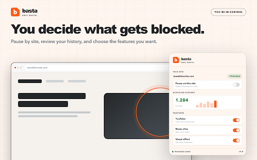 Basta Publi - Ad Blocker :: Blocks ads and trackers on YouTube, news sites, and online stores. 100% free and private Manifest V3 ad blocker.