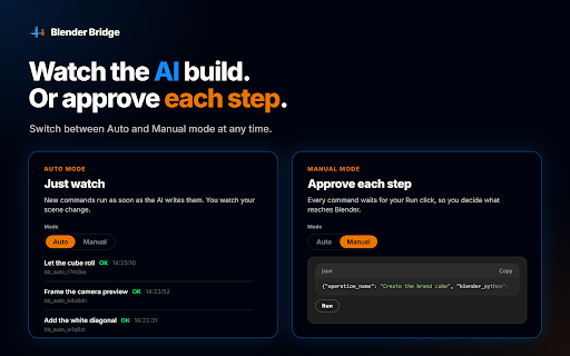 Blender Bridge :: Describe a scene in any AI chat and watch it appear in Blender. Works with the Blender Bridge Desktop app.