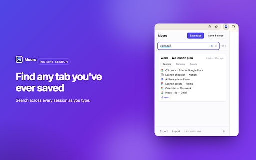 Mooru: Tab & Session Manager — OneTab Alt :: Save all your open tabs in one click and restore them anytime. Reliable, with export/backup so you never lose your tabs.