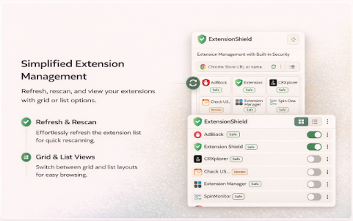 Extension Shield :: Free security check for installed Chrome extensions: risky permissions, privacy signals, and a simple score. No account required.