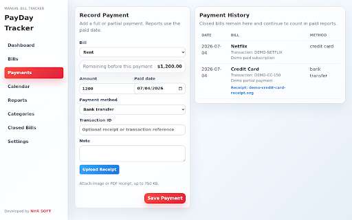 PayDay Tracker :: Track bills, payments, paid totals, overdue bills, and closed paid bills.