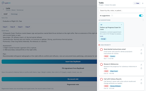 LyraVet for DaySmart :: AI medical scribe for DaySmart Vet — record visits, generate SOAP notes & discharge summaries, and insert them into DaySmart.